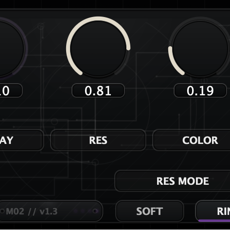 Sound editing software interface with various control knobs and labels on a dark background